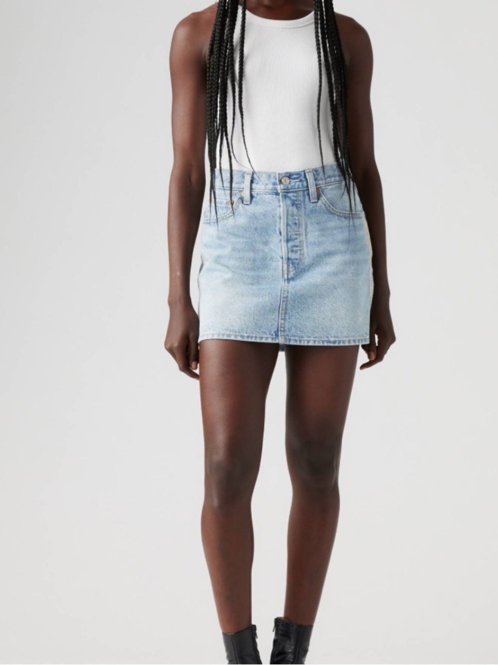 Moussy distressed, light-wash denim skirt classic five-pocket style $325 Size S